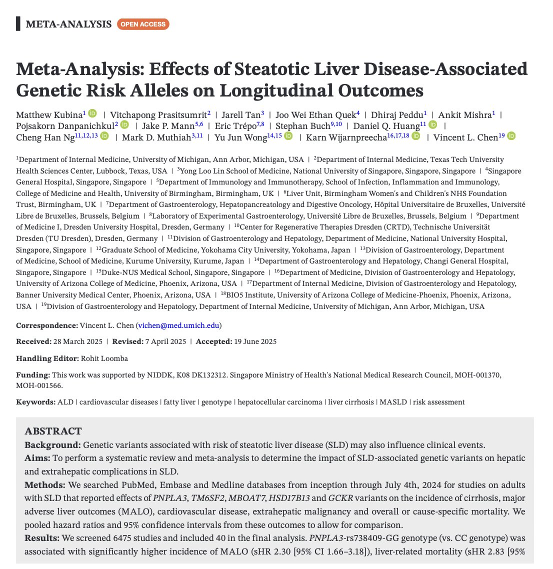 Thank you V Chen for inviting me! Genetic variants in PNPLA3, TM6SF2, MBOAT7 significantly linked to worse hepatic outcomes in #SLD.
📌 PNPLA3-GG → ↑ liver mortality (sHR 2.83)
📌 TM6SF2-T → ↑ HCC (sHR 2.12)
📌 MBOAT7-TT → ↑ MALO

🔗 doi.org/10.1111/apt.70…