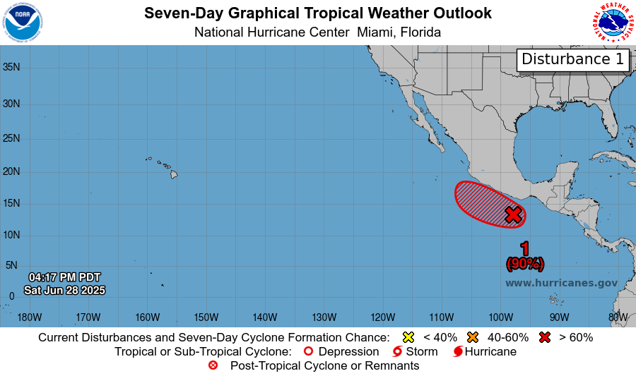 USAS_WW1's tweet photo. Gulf of Mexico #Breaking #HurricaneSeason #FEMA #hurricanes: #TDTwo / Tropical Storm Barry (?) is 2025's 2nd Atlantic cyclone. A snap possible Pacific cyclone (Erick? Flossie?) is S of Oaxaca, Mexico with a 80% chance of forming within 2 days and 90% within 7. 📸 @NOAA: 🌀🌀🌀 https://t.co/h9o3LPfw82