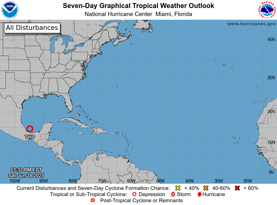 USAS_WW1's tweet photo. Gulf of Mexico #Breaking #HurricaneSeason #FEMA #hurricanes: #TDTwo / Tropical Storm Barry (?) is 2025's 2nd Atlantic cyclone. A snap possible Pacific cyclone (Erick? Flossie?) is S of Oaxaca, Mexico with a 80% chance of forming within 2 days and 90% within 7. 📸 @NOAA: 🌀🌀🌀 https://t.co/h9o3LPfw82