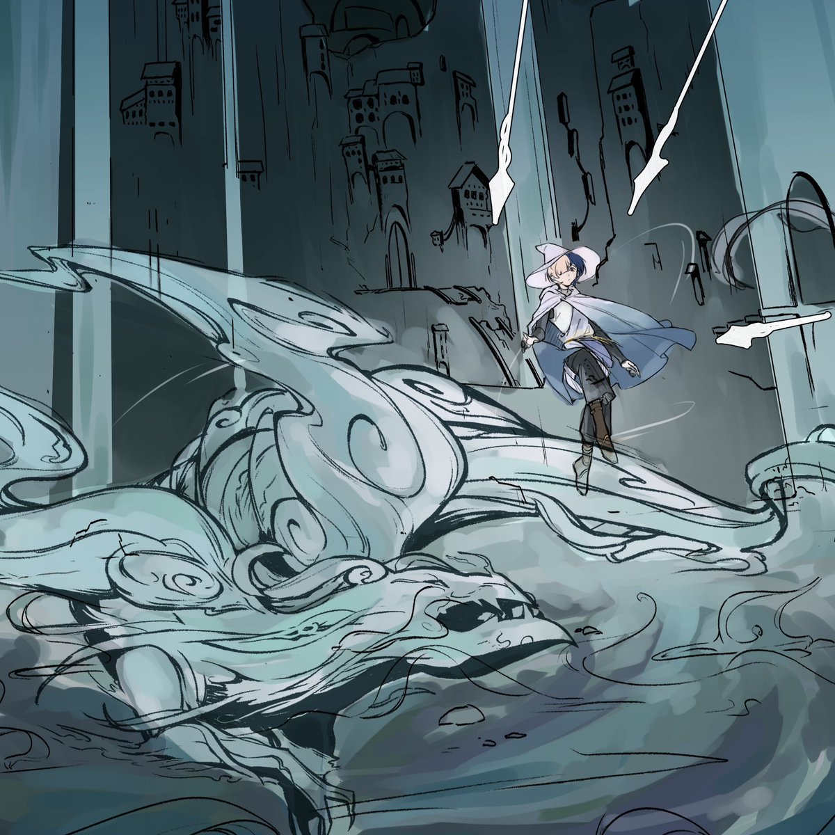 tanukibao's tweet image. progress of the mist columns art i did for @aspectsound 's The Well City album!