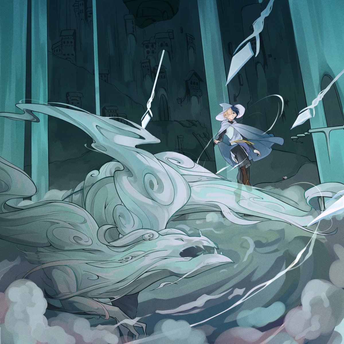 tanukibao's tweet image. progress of the mist columns art i did for @aspectsound 's The Well City album!