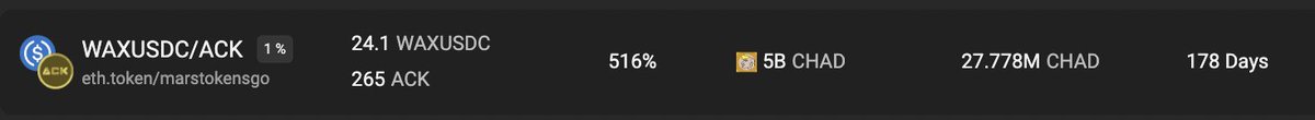 🚨 516% APR on WAXUSDT/ACK pool!
Only a few are farming while 5B $CHAD is up for grabs 💸
265 ACK + 24.1 WAXUSDC = CHAD tsunami 🌊
27.77M $CHAD already paid. You sleeping?

Farm smart. Stake now. Thank us later.

stake here: wax.alcor.exchange/farm