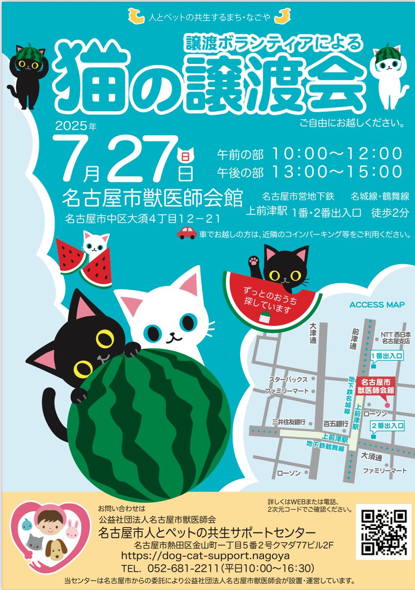 dog_cat_support's tweet photo. 令和7年7/27㈰は、名古屋市譲渡ボランティアによる「猫の譲渡会」を開催します！
入場無料、午前午後の２部制・自由来場制です。
時間：10：00～12：00 / 13：00～15：00
会場：名古屋市獣医師会館（駐車場なし)
参加予定猫の情報はHP（随時更新）にてご確認いただけます。
ぜひご来場ください🐾
https://t.co/B4asIZ9H2y

#猫　#譲渡会
#譲渡会猫
#譲��会のお知らせ
#猫の譲渡会
#猫の譲渡会名古屋
#新しい飼主様募集中
#名古屋市譲渡ボランティア団体
#名古屋市
