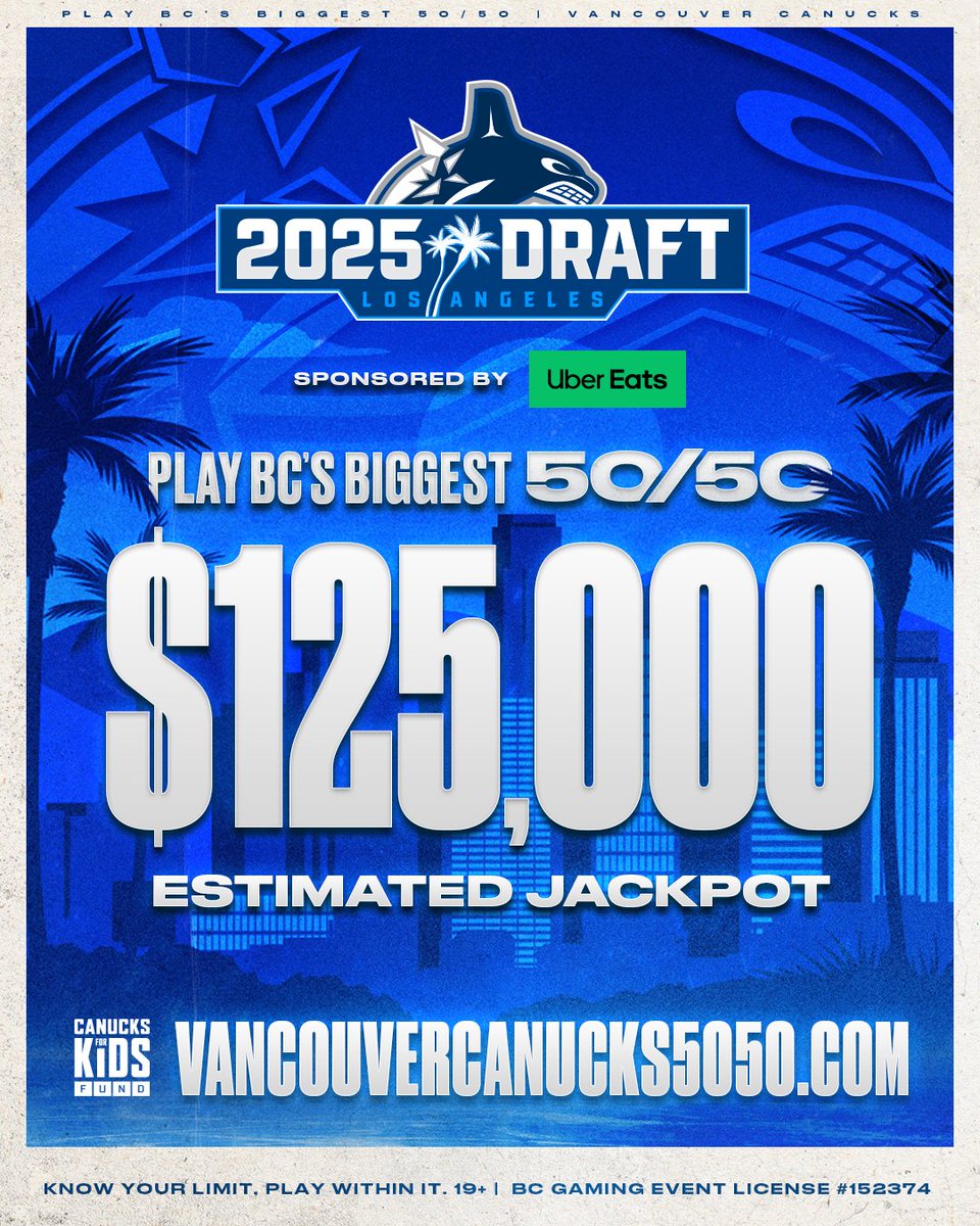Vancouver Canucks (@canucks) on Twitter photo Have you gotten your <a href="/Canucksforkids/">Canucks For Kids Fund</a> 50/50 tickets yet? 🎟️
Don't miss out on the estimated $125,000 jackpot! Sales close on July 3 at the end of Dev Camp. Must be 19+ and located in BC to play.
BUY NOW | vancanucks.co/3ThnHoF Have you gotten your <a href="/Canucksforkids/">Canucks For Kids Fund</a> 50/50 tickets yet? 🎟️
Don't miss out on the estimated $125,000 jackpot! Sales close on July 3 at the end of Dev Camp. Must be 19+ and located in BC to play.
BUY NOW | vancanucks.co/3ThnHoF