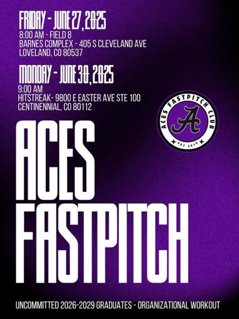 Bella Mears (@bellamears2027) on Twitter photo Headed to Colorado for the IDT! The Aces are also hosting an org workout on Monday and coaches are welcome to attend!
<a href="/Aces_SoftballKC/">Aces Softball</a> <a href="/STayTaylor18/">Taylor Taylor</a> <a href="/rktaylor12/">RK Taylor</a> <a href="/bhs_tiger/">BHS Tiger Softball</a> Headed to Colorado for the IDT! The Aces are also hosting an org workout on Monday and coaches are welcome to attend!
<a href="/Aces_SoftballKC/">Aces Softball</a> <a href="/STayTaylor18/">Taylor Taylor</a> <a href="/rktaylor12/">RK Taylor</a> <a href="/bhs_tiger/">BHS Tiger Softball</a>