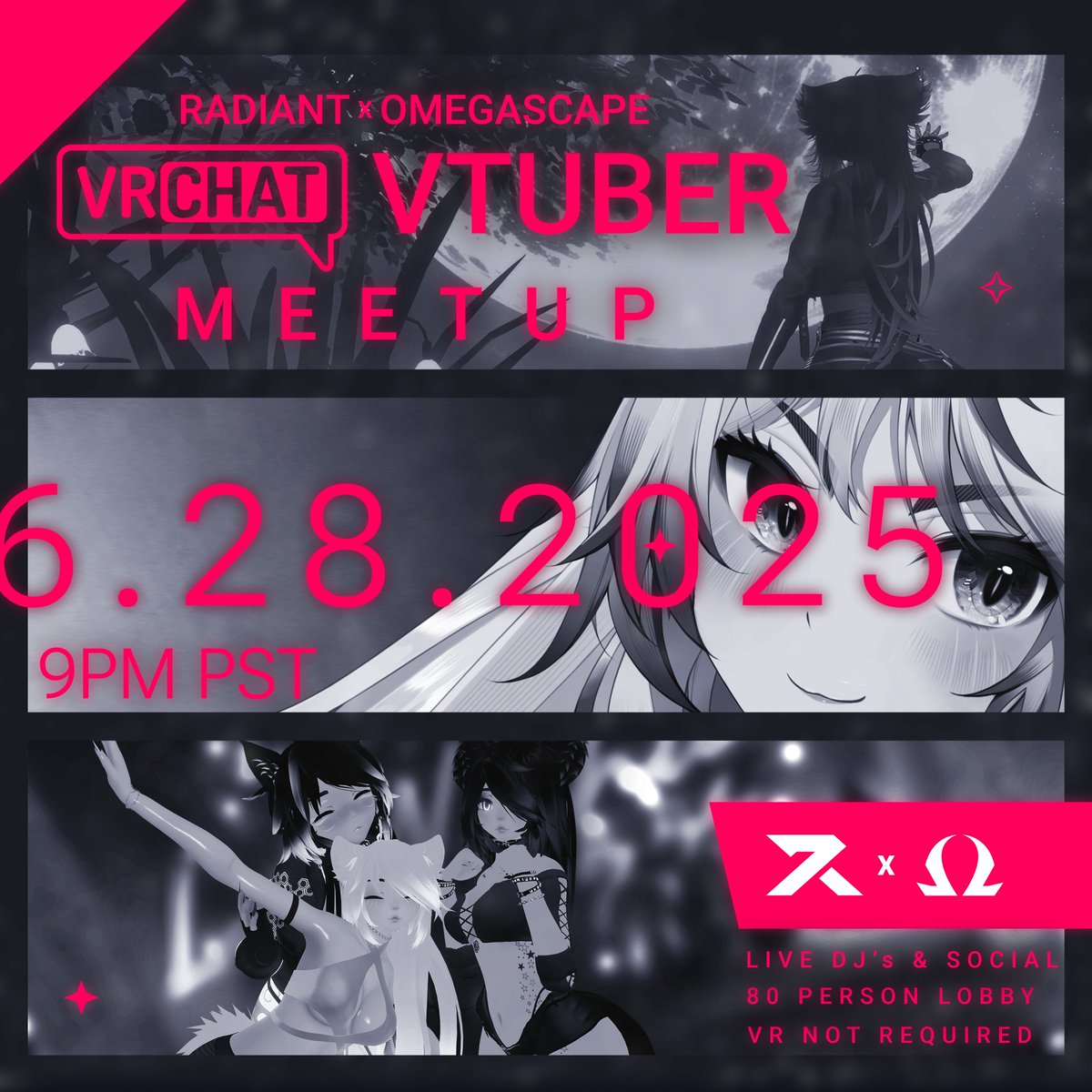 joinRADIANT's tweet image. In under 3 hours we're excited to host our VRChat VTuber Meetup! Join our Discord to learn more ✦