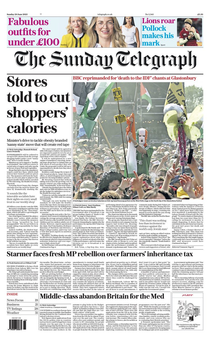 The front page of today's Sunday Telegraph:

'Stores told to cut shoppers' calories'