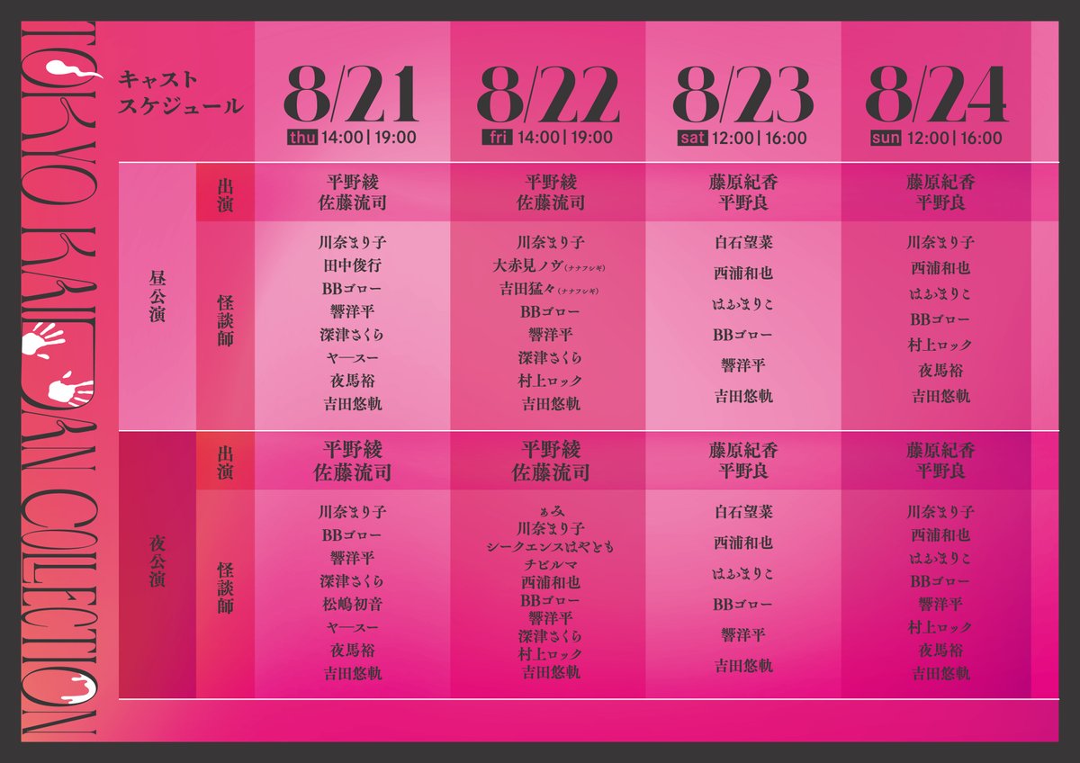 TKC_2025's tweet image. 🔥情報解禁🔥
怪談フェス『Tokyo Kaidan Collection』開催決定!
平野綾×佐藤流司、藤原紀香×平野良が「牡丹灯籠」を朗読!
人気怪談師も多数出演!
🗓️8/21(木)~8/24(日)
📍シアターH
🎟️最速先行:6/29(日)10:00~7/6(日)23:59
詳しくは👉 tkc2025.com
#怪談フェス #TKC2025