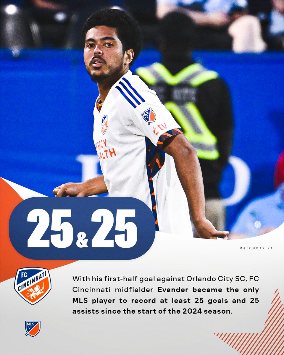 MLS Communications (@mls_pr) on Twitter photo With his first-half goal against Orlando City SC, <a href="/fccincinnati/">FC Cincinnati</a> midfielder Evander became the only MLS player to record at least 25 goals and 25 assists since the start of the 2024 season. With his first-half goal against Orlando City SC, <a href="/fccincinnati/">FC Cincinnati</a> midfielder Evander became the only MLS player to record at least 25 goals and 25 assists since the start of the 2024 season.