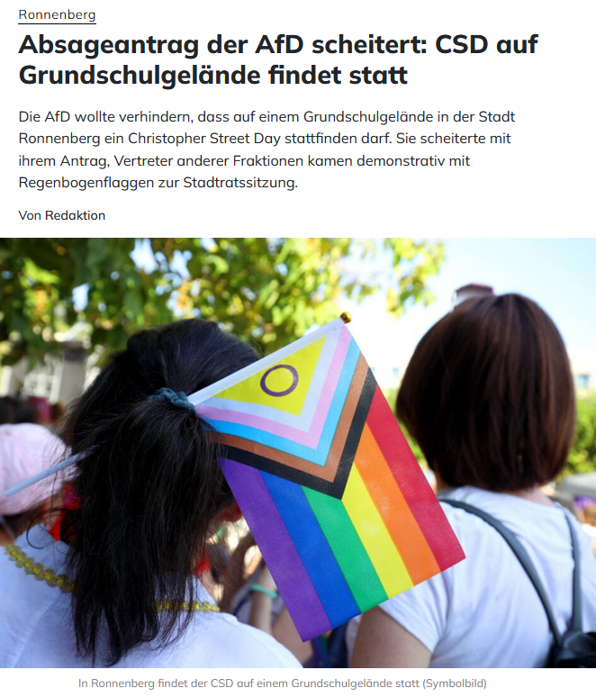 PeterBorbe's tweet photo. CSDs werden immer mehr zu Ritualen, um die Macht der linksgrünen Ideologen zu demonstrieren. Im niedersächsischen #Ronnenberg findet solch ein CSD jetzt auf dem Schulhof einer Grundschule statt. Einzig die AfD war dagegen, die anderen Kommunalpolitiker feiern sich für ihren Coup.
https://t.co/FJ2BytIjKT