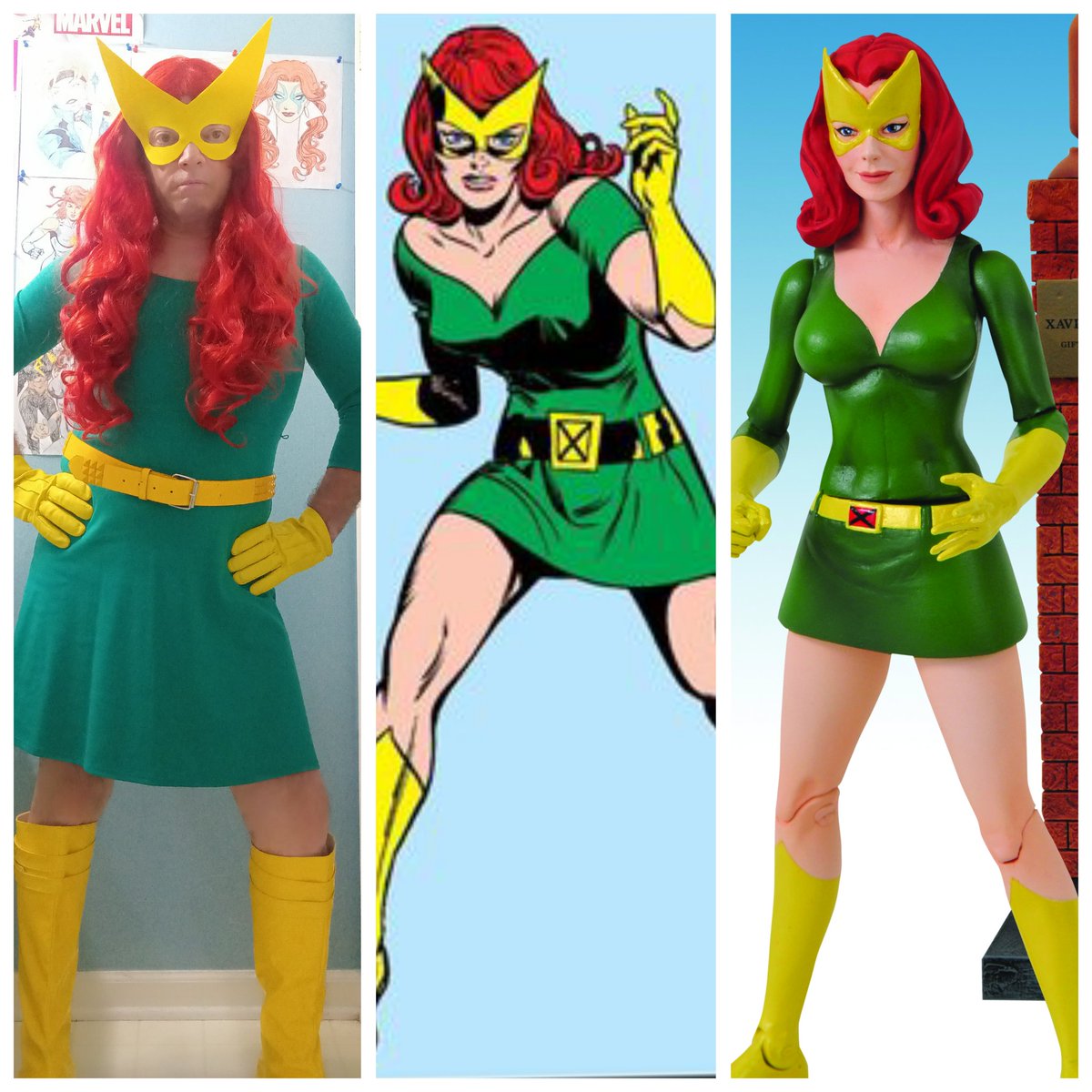 LenhardtEric's tweet photo. Here's my Crossplay of Jean Grey Marvel Girl from the X-Men! I got the green dress and yellow belt from the thrift stores around town and a friend gave me the yellow gloves and I got the boots online #cosplay #JeanGrey #crossplay #thriftstorefinds #marvelgirl #xmen #redwig #mask https://t.co/bOUWdMAGLb