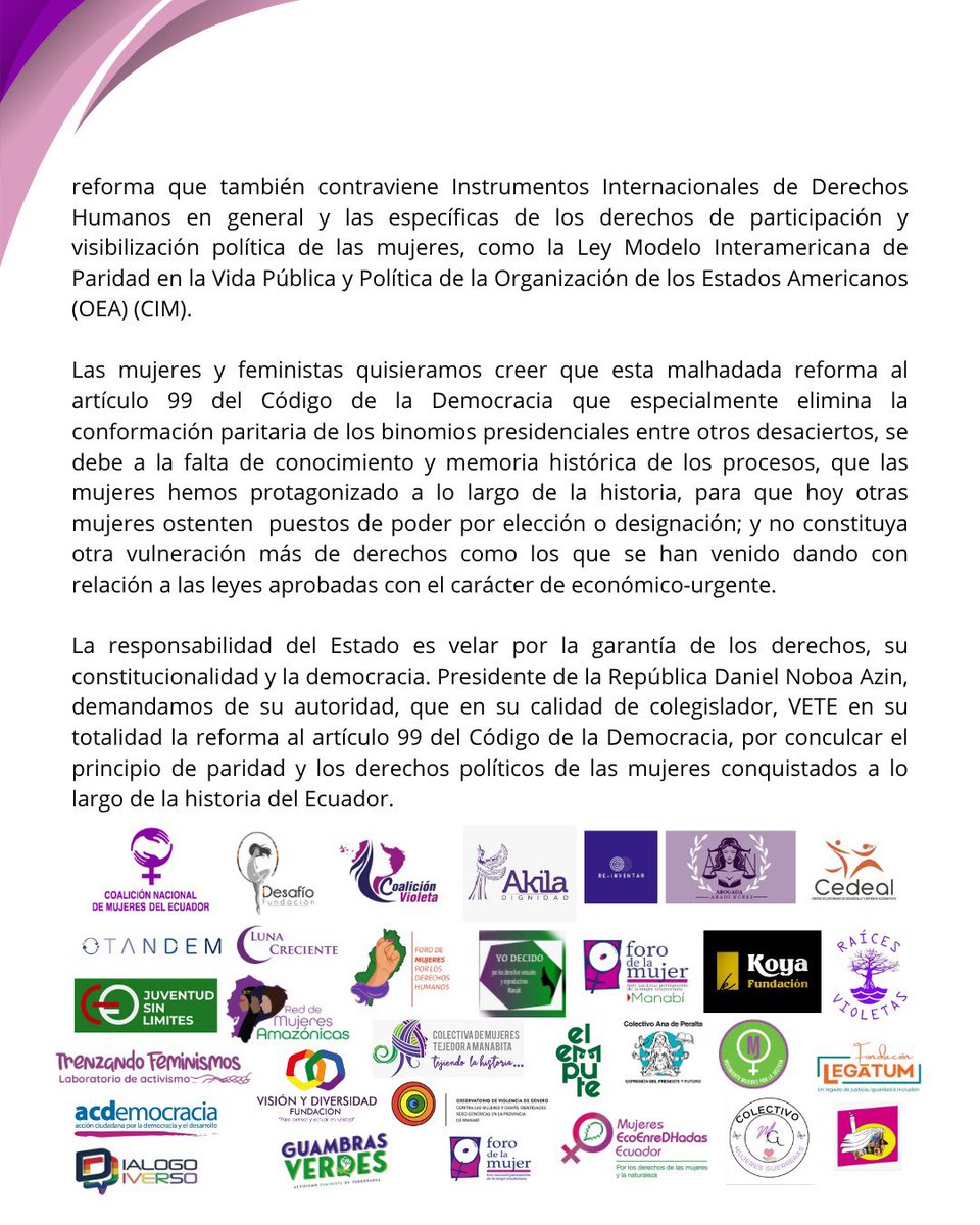 Coalición Nacional de Mujeres del Ecuador (@ecmujeres) on Twitter photo ‼️ LAS MUJERES ELEGIMOS NO RETROCEDER EN NUESTROS DERECHOS ‼️
Las recientes reformas al Código de la Democracia aprobadas por la <a href="/AsambleaEcuador/">Asamblea Nacional</a> elimina el principio de paridad y alternancia en las listas unipersonales (presidente/a - vicepresidente/a) constituyendo un grave ‼️ LAS MUJERES ELEGIMOS NO RETROCEDER EN NUESTROS DERECHOS ‼️
Las recientes reformas al Código de la Democracia aprobadas por la <a href="/AsambleaEcuador/">Asamblea Nacional</a> elimina el principio de paridad y alternancia en las listas unipersonales (presidente/a - vicepresidente/a) constituyendo un grave
