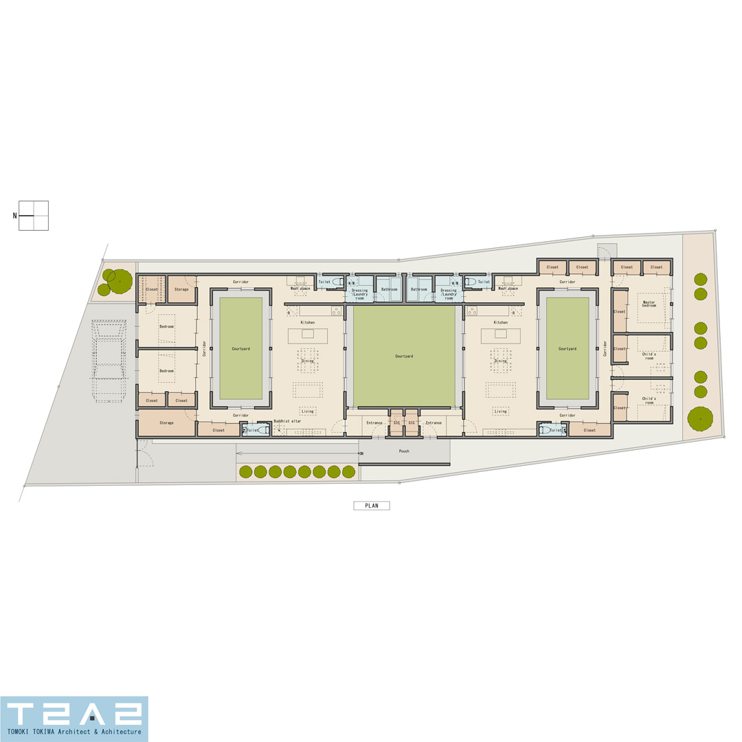 tomokitokiwaaaa's tweet photo. 菅谷の家
平面図

中央の中庭に面して、親世帯、子世帯の居住スペースそれぞれが専用の中庭を持つ完全独立型の平屋の二世帯住宅

是非こちらもご覧ください
https://t.co/ap5P0tPn3w

#那珂市
#マイホーム
#注文住宅
#間取り
#家づくり
#住宅設計
#二世帯住宅
#architecture
#architect
#house
#home https://t.co/yzvG9dLw00