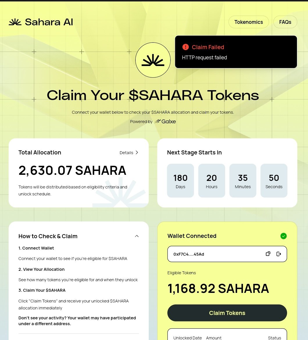 Suresh364451's tweet image. @Sahara_ai I’m getting “Claim Failed – HTTP request failed” while trying to claim my tokens.
Wallet is connected, BNB chain selected, and BNB balance is there.
Tried everything. Please help. 🙏

#SaharaAI #Airdrop #ClaimIssue #Web3