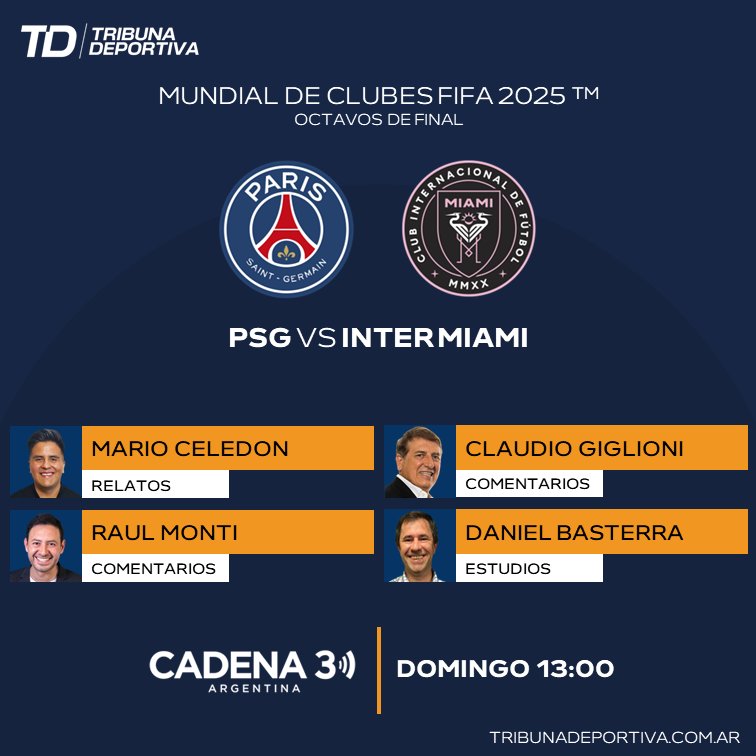 #MundialDeClubes
#PSG #InterMiami
🎙 <a href="/MarioCeledon7/">Mario Celedón 🎙</a>
🎙 <a href="/golgigli/">Claudio Giglioni</a>
🎙 <a href="/MontiRaul/">Raul Monti</a>
🎙 <a href="/DanielBasterra/">Daniel Basterra</a>
📻 <a href="/Cadena3Com/">Cadena 3 Argentina</a>