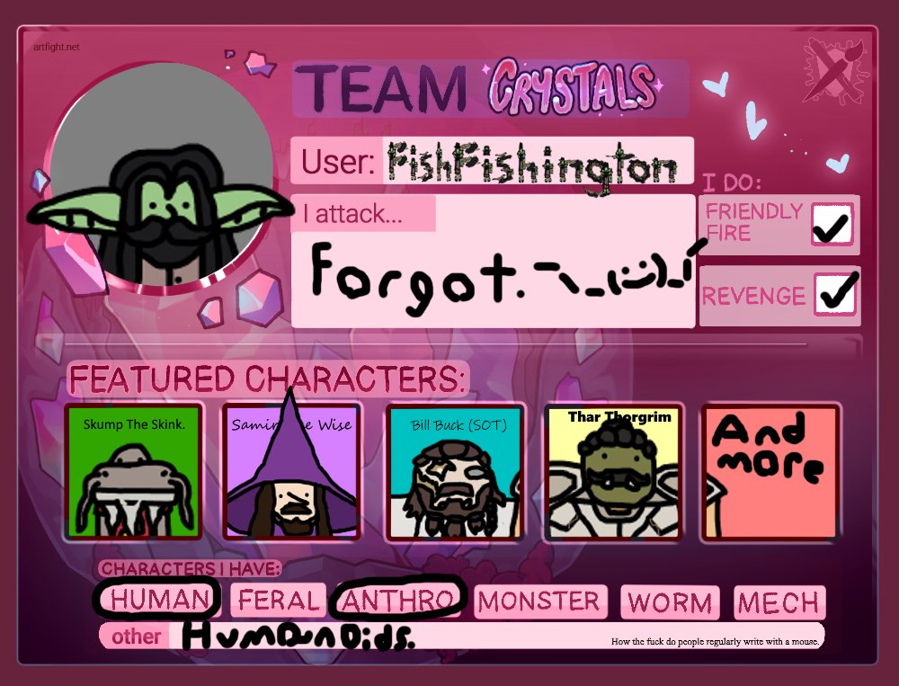 Me when the art fights or some shit idk.

I do this. artfight.net/~FishFishington

#artfight #Artfightteamcrystals #artfight2025