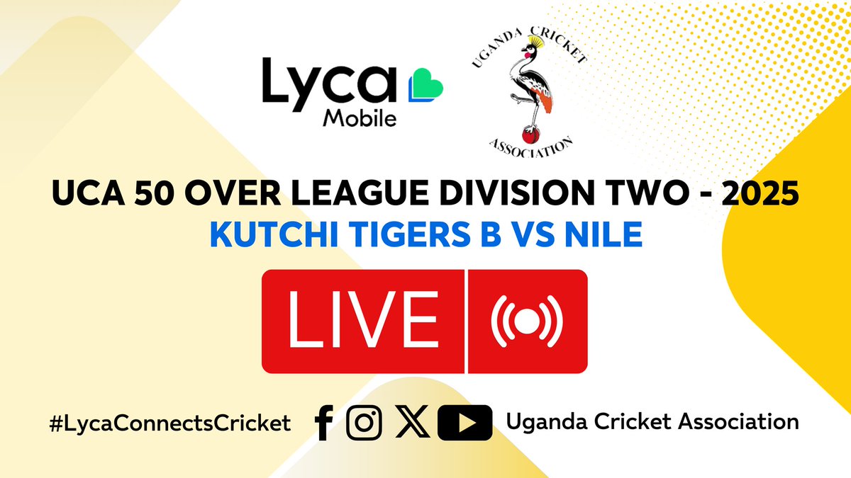 UCA 50 Over League Division Two! 

Kutchi Tigers B v Nile now live on youtube.com/live/hz_wryVuE…

#LycaConnectsCricket