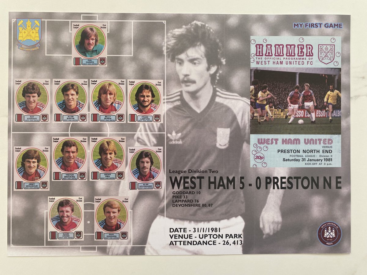 A First Game print sent out to a supporter this week from the famous 80-81 season and a 5-0 hammering of PNE. Goals from Goddard, Pike, Lampard and a brace from Dev. ⚒ What a season