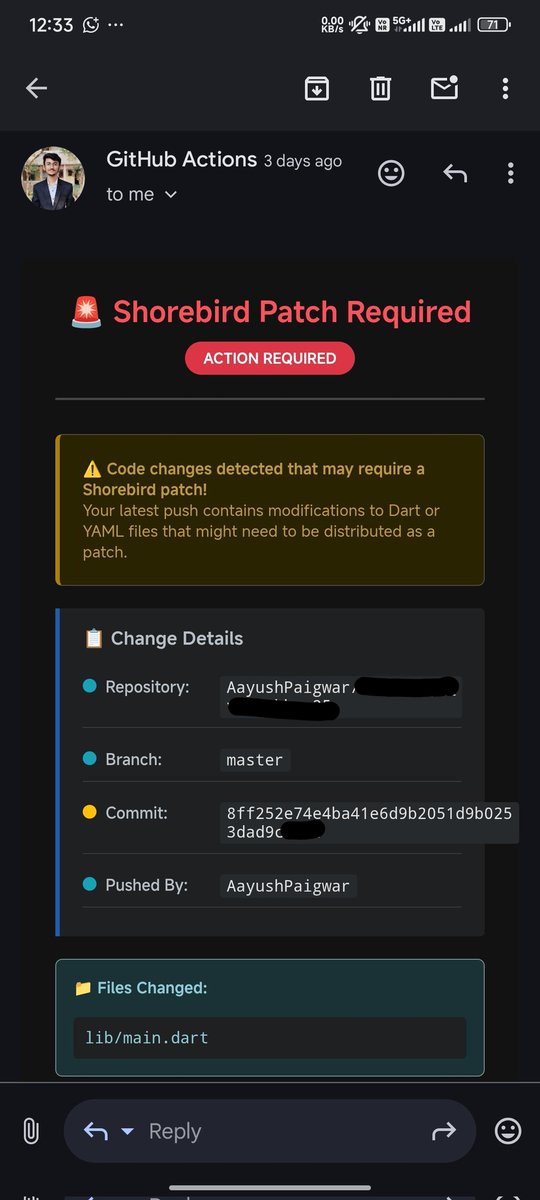 aayush27_11's tweet image. 🚀 Building ShoreAlert – a GitHub Action that watches your Flutter + Shorebird app and alerts you if no patch is created after a push.
No more missed releases. No more guesswork. 🐦⚠️
@hvbajoria
@GitHubEducation @CommunityDecode
@narinexus #flutterdev #githubactions #shorebird