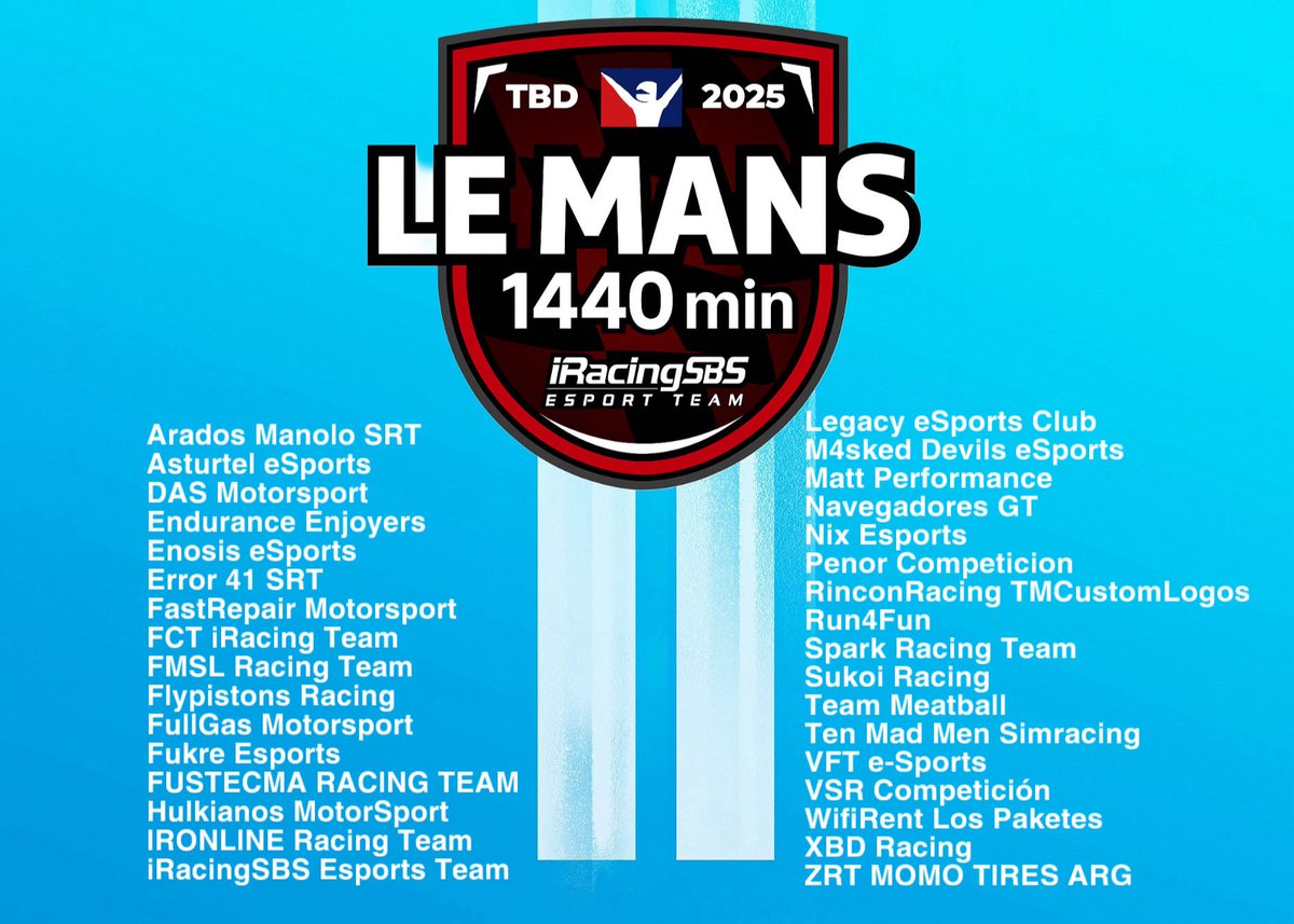 Gracias a los Jefes de Equipo y pilotos, alma y motor de esta comunidad, por vuestro entusiasmo y ganas de participar en unas 24h en Le Mans. 
A finales de agosto os contactaremos por correo y Discord para cerrar juntos la mejor fecha. 
Sin vosotros, nada de esto sería posible.