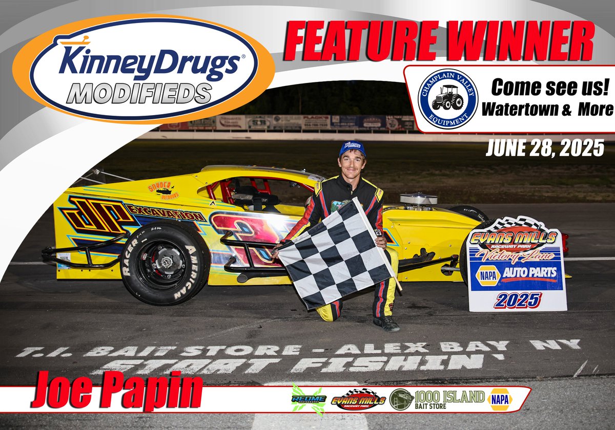 Feature Results for the Kinney Drugs Modifieds on Champlain Valley Equipment Agriculture Appreciation Night on 6/28/25

1. Joe Papin, Caprara, Bancroft, Pringle, Clark, Sharkey, Pettinelli, Bearup, S. Sherwood, Roggie, Rogers, Brown, Petzoldt, Arthur, Hart, Gardner