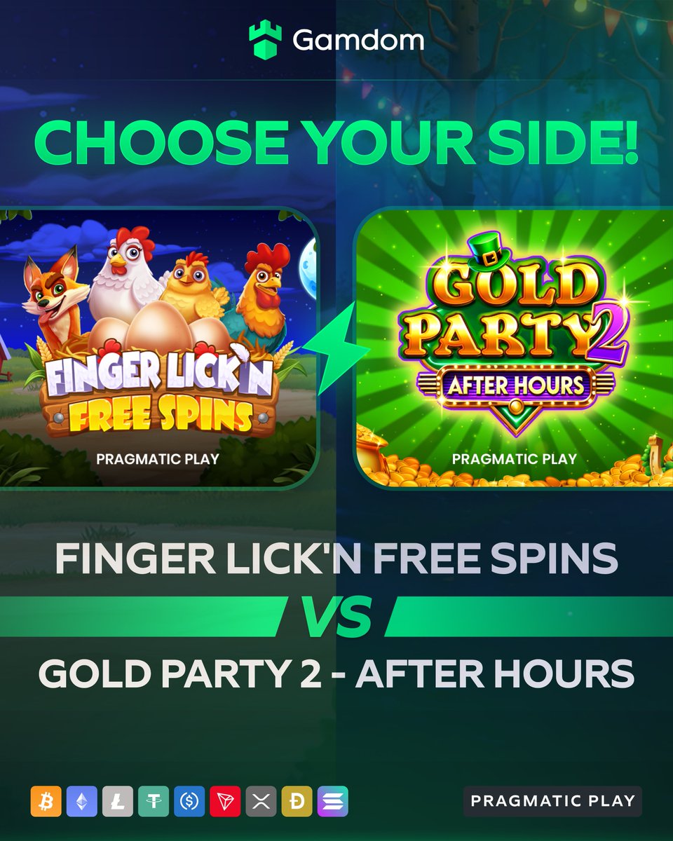 gamdom's tweet image. 🎰 Battle of the Slots: Pragmatic Play! 🎰

Who you got? 🤔

#Team🍗 Finger Lick’n Free Spins 🆚 #Team🍀 Gold Party 2 – After Hours

Drop your userID below with your reply &amp;amp; 🔁 for a shot at FREE spins! 🎁