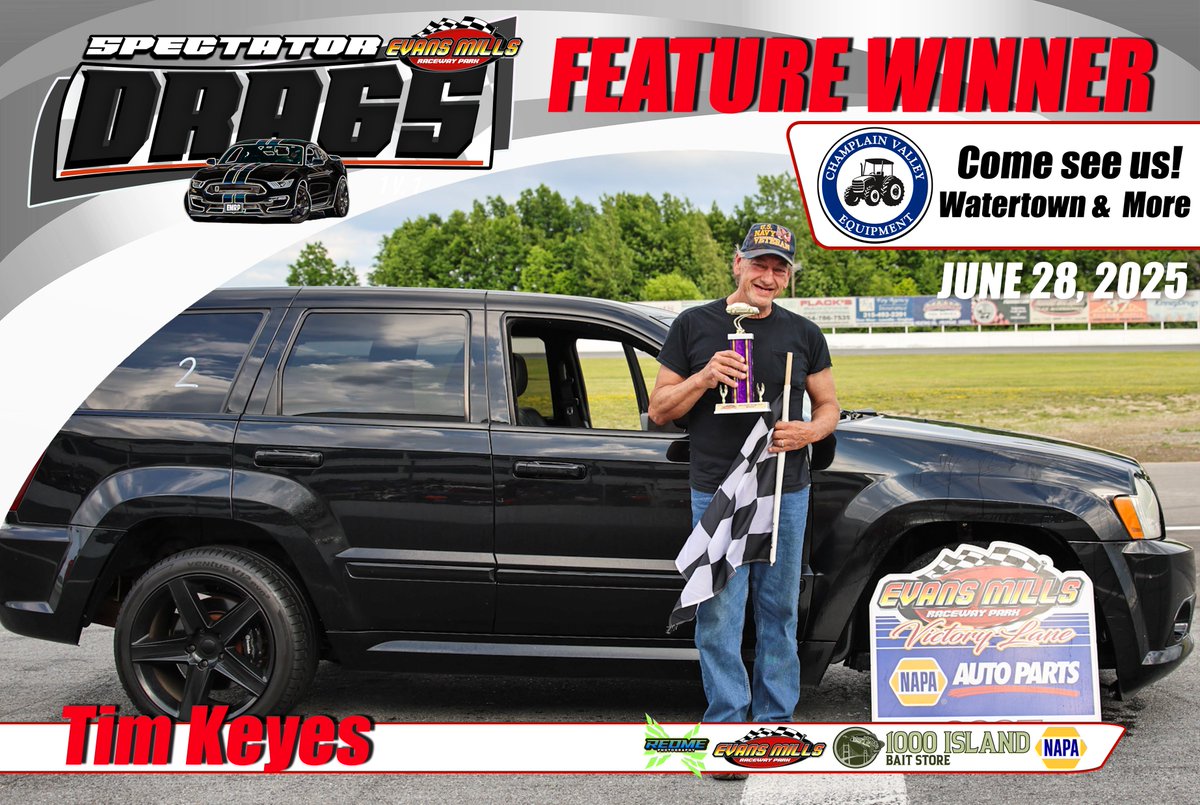 Feature Results for the Spectator Drags on Champlain Valley Equipment Agriculture Appreciation Night on 6/28/25

1. Time Keyes Jeep Grand Cherokee SRT8
2. Brendon Fone Dodge Charger