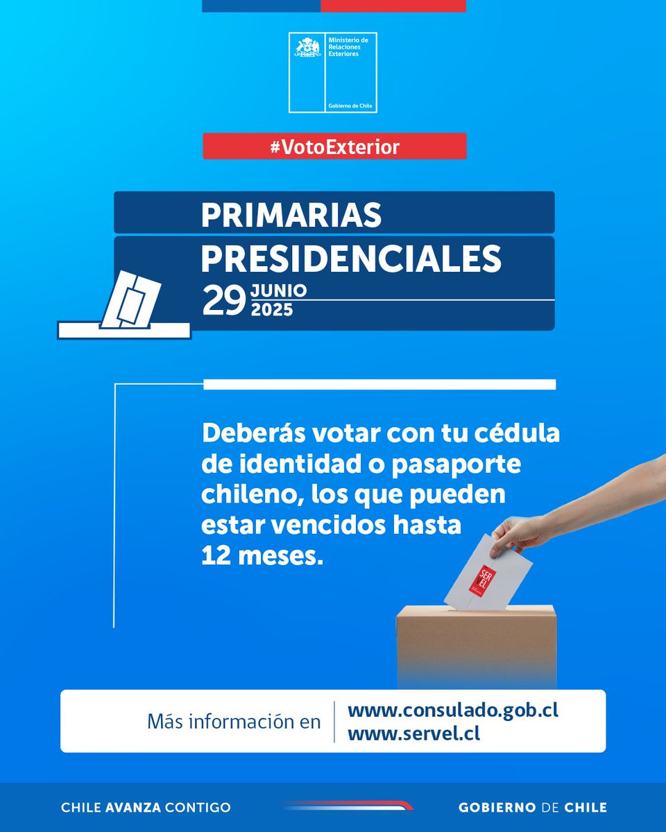 🗳️#VotoExterior | Hoy estamos desarrollando un nuevo proceso de elecciones en el exterior. Antes de ir a tu local de votación, revisa si llevas tu cédula de identidad o pasaporte. Más información bit.ly/44dpn8O