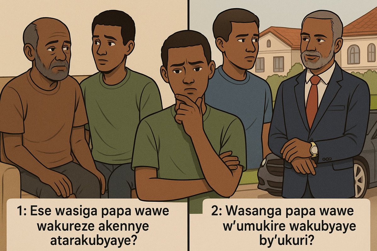Wabigenza gute usanze uwo wita papa wawe atariwe wanyawe ugasanga papa wae byanyabyo Ari wamukire bizwi  ko akize cyane wakora iki kumyaka yae ufite ubu
1: Ese wasiga papa wawe wakureze akennye atarakubyaye?
2: Wasanga papa wae w'umikire wakubyaye byanyabyo ?