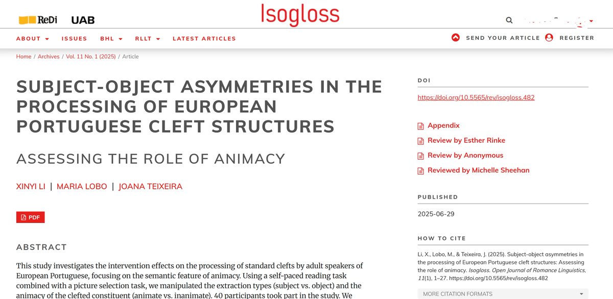 Isogloss_'s tweet image. Hot off the press: Li, Lobo & Teixeira, #Subject-#object asymmetries in the processing of #EuropeanPortuguese cleft structures: Assessing the role of #animacy
revistes.uab.cat/isogloss/artic…