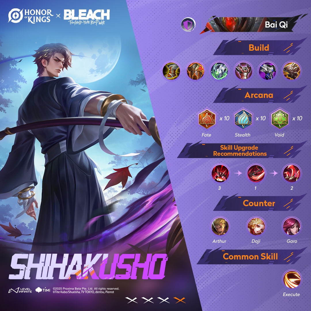 Honor of Kings x BLEACH: Thousand-Year Blood War Collaboration is coming!
Ichigo Kurosaki, Byakuya Kuchiki, and Uryu Ishida are gathering here to protect their companions!
Shihakusho Bai Qi also joins the battle!
Facing this new challenge,  how will you help them unleash their