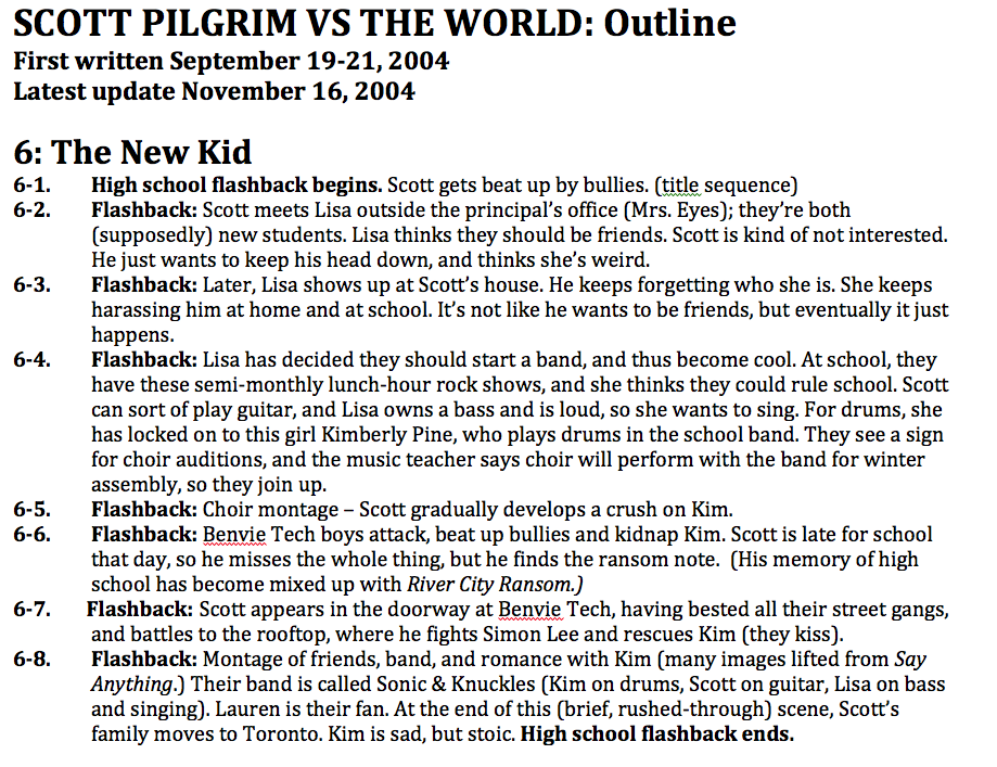 ThePilgrimScoop's tweet image. On November 1st 2012 Bryan showed writing process by showing the Outline, Script, and Sketch thumbnails of Scott Pilgrim vs the world (Vol.2)