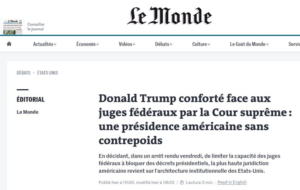🇺🇸🏛️🚨 « Présidence américaine sans contrepoids », « Au lieu de répondre sur le fond [...], la Cour suprême a répondu sur la forme », « intention de revenir sur les "freins et contrepoids" »...

Un fil pour revenir sur cet édito du <a href="/lemondefr/">Le Monde</a> parce qu'il y a de quoi dire... ⤵️