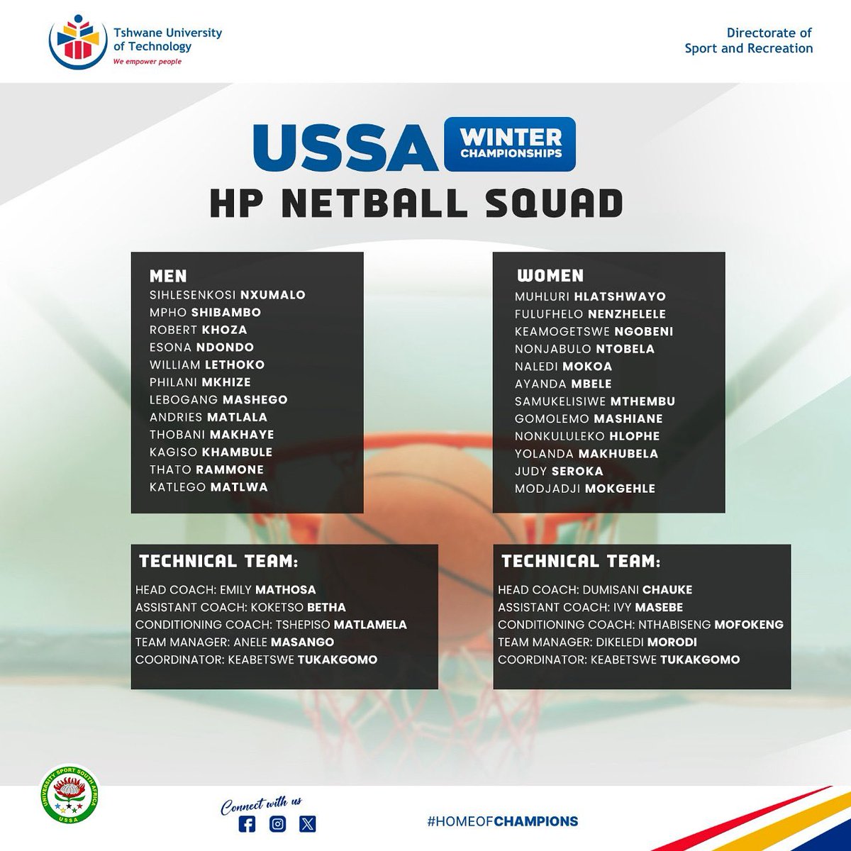 Sport_TUT's tweet photo. 📋 𝐒𝐪𝐮𝐚𝐝 𝐀𝐧𝐧𝐨𝐮𝐧𝐜𝐞𝐝 | #USSANetball

Meet the 𝗧𝗨𝗧 𝗡𝗲𝘁𝗯𝗮𝗹𝗹 𝗧𝗲𝗮𝗺𝘀 heading to Madibaz, PE to rep the #HomeofChampions at #USSA2025! 🔥

Let’s go champs, bring the heat and make the People’s University proud! ❤️💙💛 #TUTNetball #MovingFromGoodToGreat https://t.co/ZHQla9JMCD