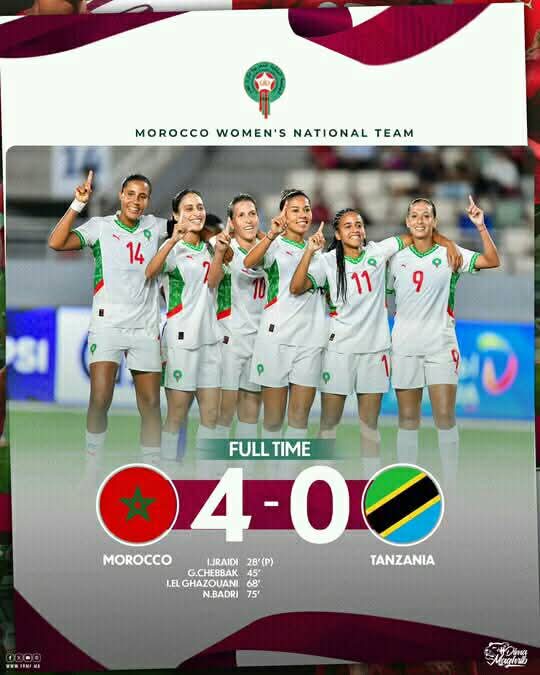 فوز المنتخب المغربي النسوي  أمام تنزانيا في لقاء ودي استعدادا لكأس افربقيا للأمم فوز منتخبنا الوطني أمام تنزانيا
 🇲🇦4-0🇹🇿

ديما مغرب 🇲🇦 👑 

في خاطر لهاز في قلبو علينا كيا