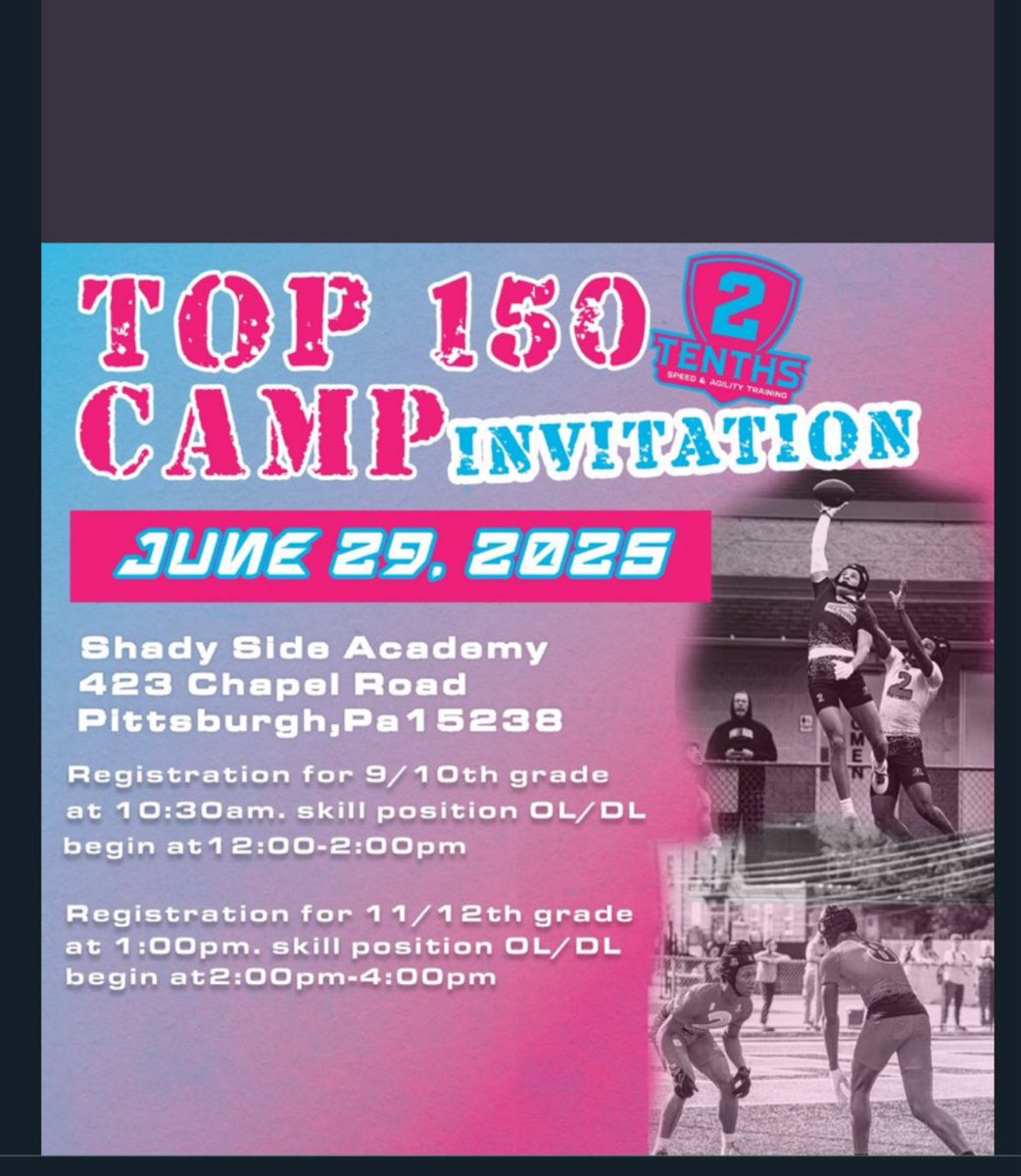 Committing to development: Attending the Top 150
Camp at Shady Side Academy on June 29th to refine skills and compete with top athletes. Focused on growth and performance. #Football #Athlete #TrainingCamp
#FootballTraining #ShadySideAcademy