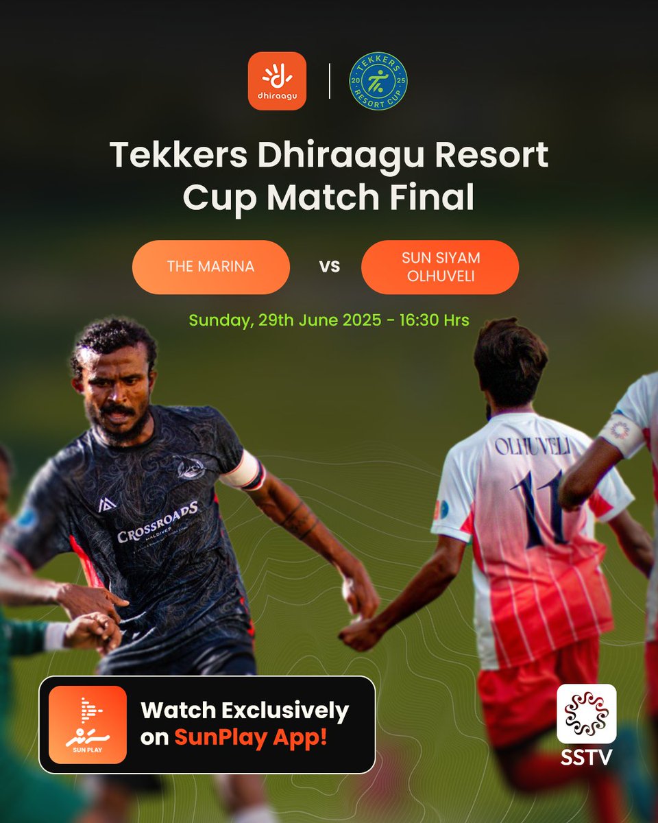 Tekkers Dhiraagu Resort Cup 2025
FINAL
29.06.2025 at 16:30Hrs - THE MARINA vs SUN SIYAM OLHUVELI
sunplay.mv
#sstv #ssmedia #sunplaymv #tekkersdhiraaguresortcup2025