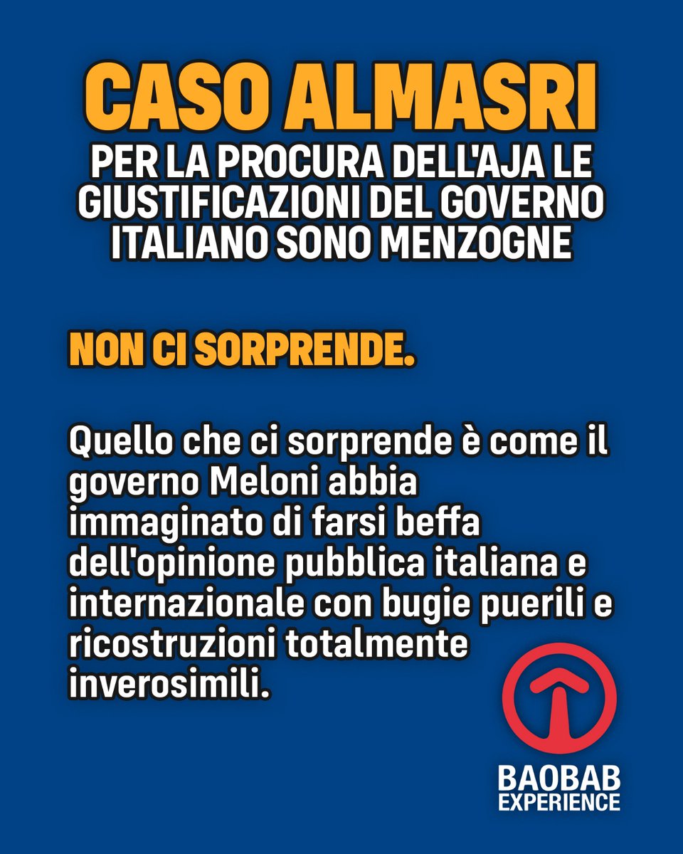 Caso #Almasri
Secondo Romeo, il legale di #Lammagok "anche la Procura della #CPI smaschera il grottesco tentativo del governo di negare le proprie responsabilità per il rimpatrio trionfale del criminale libico: la banalità della menzogna è atroce, ma non porta lontano"