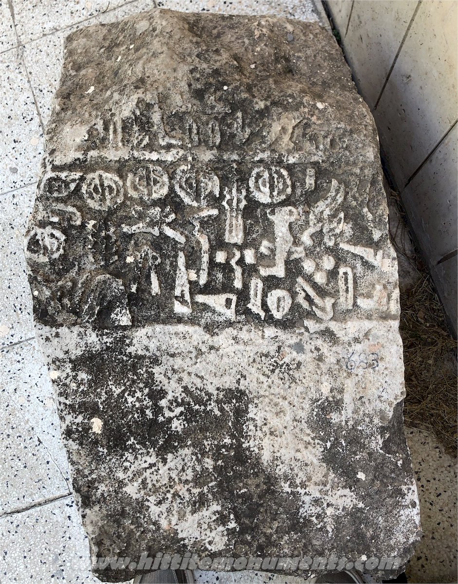 PIELexicon's tweet image. A photo of the Hieroglyphic Luwian ANCOZ 9 inscription with the God List (photo by courtesy of the Hittitemonuments dot com)