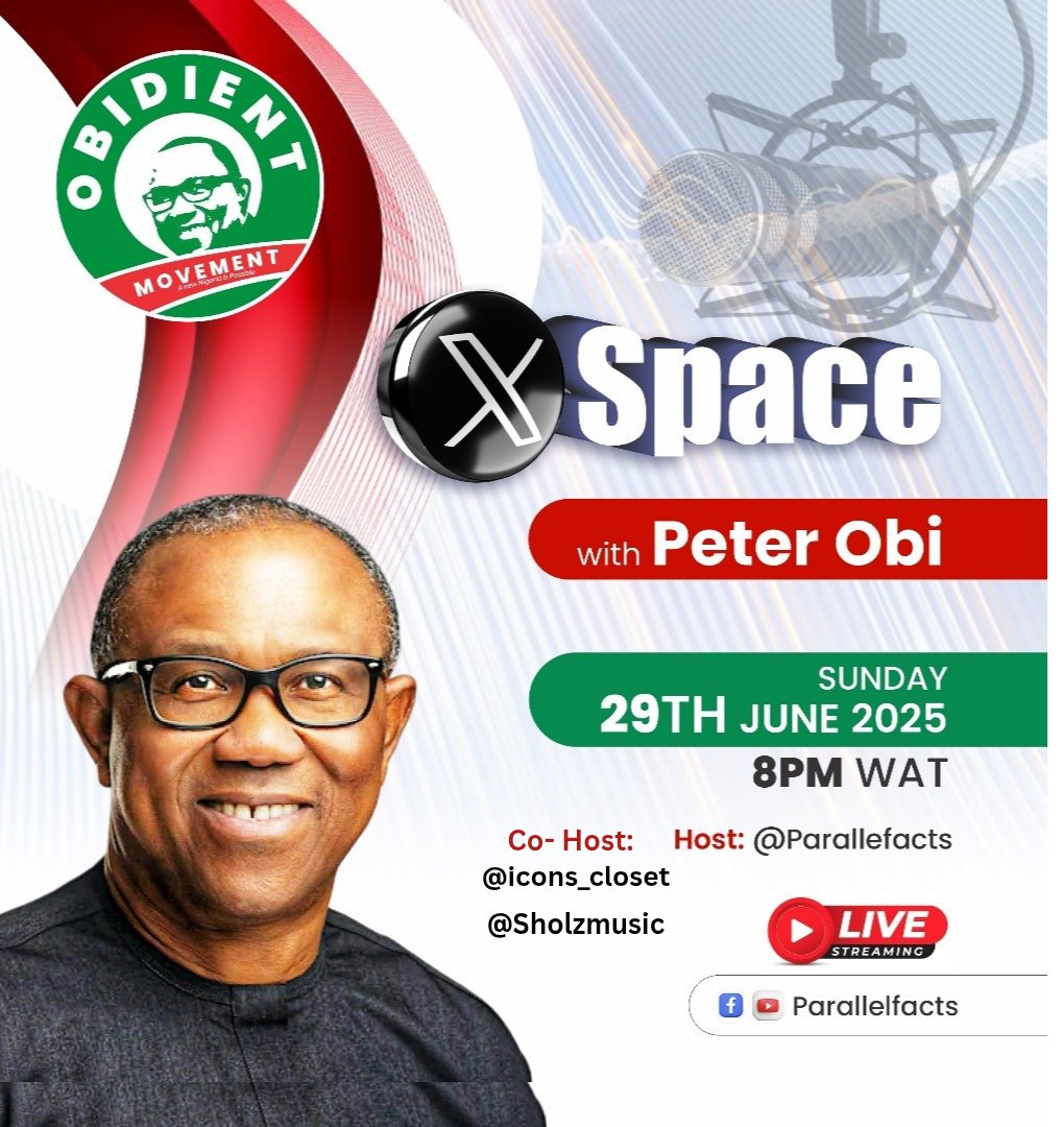 Sen. Nenadi Usman (@sennenadiusman) on Twitter photo I invite you to join a special X Space with Peter Obi this Sunday, June 29 at 8PM.
Let’s engage in a powerful conversation about Nigeria’s future.
🎙️ Host: <a href="/ParallelFacts/">Parallel Facts</a>
🎙️ Co- Host: <a href="/Sholzmusic/">Unity Fountain</a> | <a href="/icons_closet/">Iconuzor</a>
📍 Live on X (Twitter) Space
🕗 8:00PM | June 29 I invite you to join a special X Space with Peter Obi this Sunday, June 29 at 8PM.
Let’s engage in a powerful conversation about Nigeria’s future.
🎙️ Host: <a href="/ParallelFacts/">Parallel Facts</a>
🎙️ Co- Host: <a href="/Sholzmusic/">Unity Fountain</a> | <a href="/icons_closet/">Iconuzor</a>
📍 Live on X (Twitter) Space
🕗 8:00PM | June 29