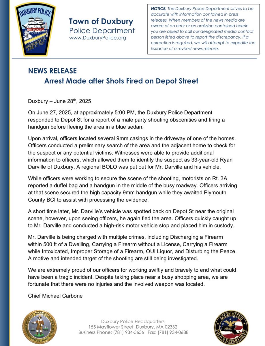 News Release: Shots Fired on Depot St.