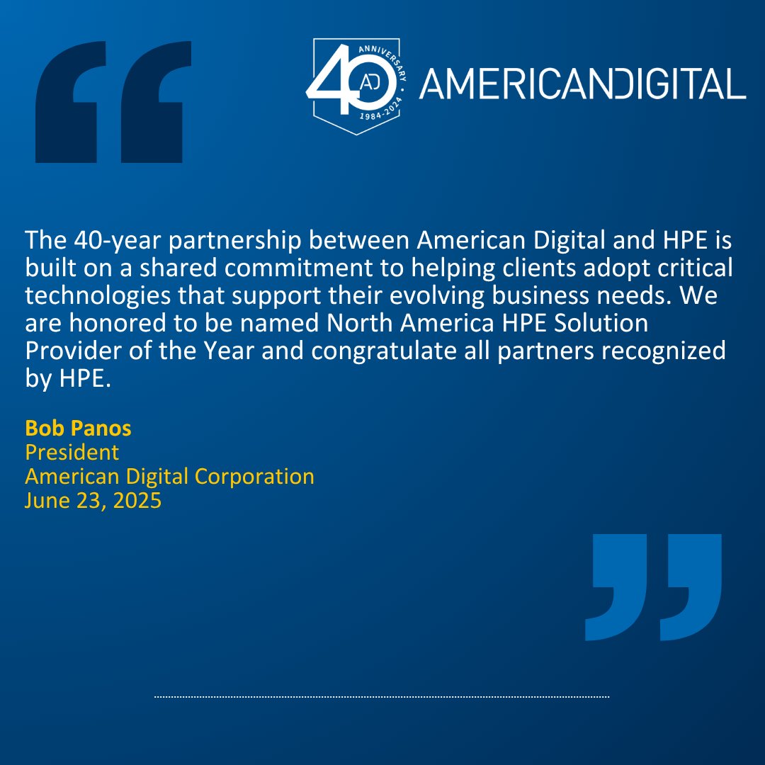What an incredible week at HPE Discover 2025 in Las Vegas.  The highlight of the week....<a href="/AmDigitalCorp/">American Digital Corporation</a> was named North America HPE Solution Provider of the Year! Read our Press Release ow.ly/eBAt50WhXzp and check out our Discover in Review video.
ow.ly/cRfl50WhXzq