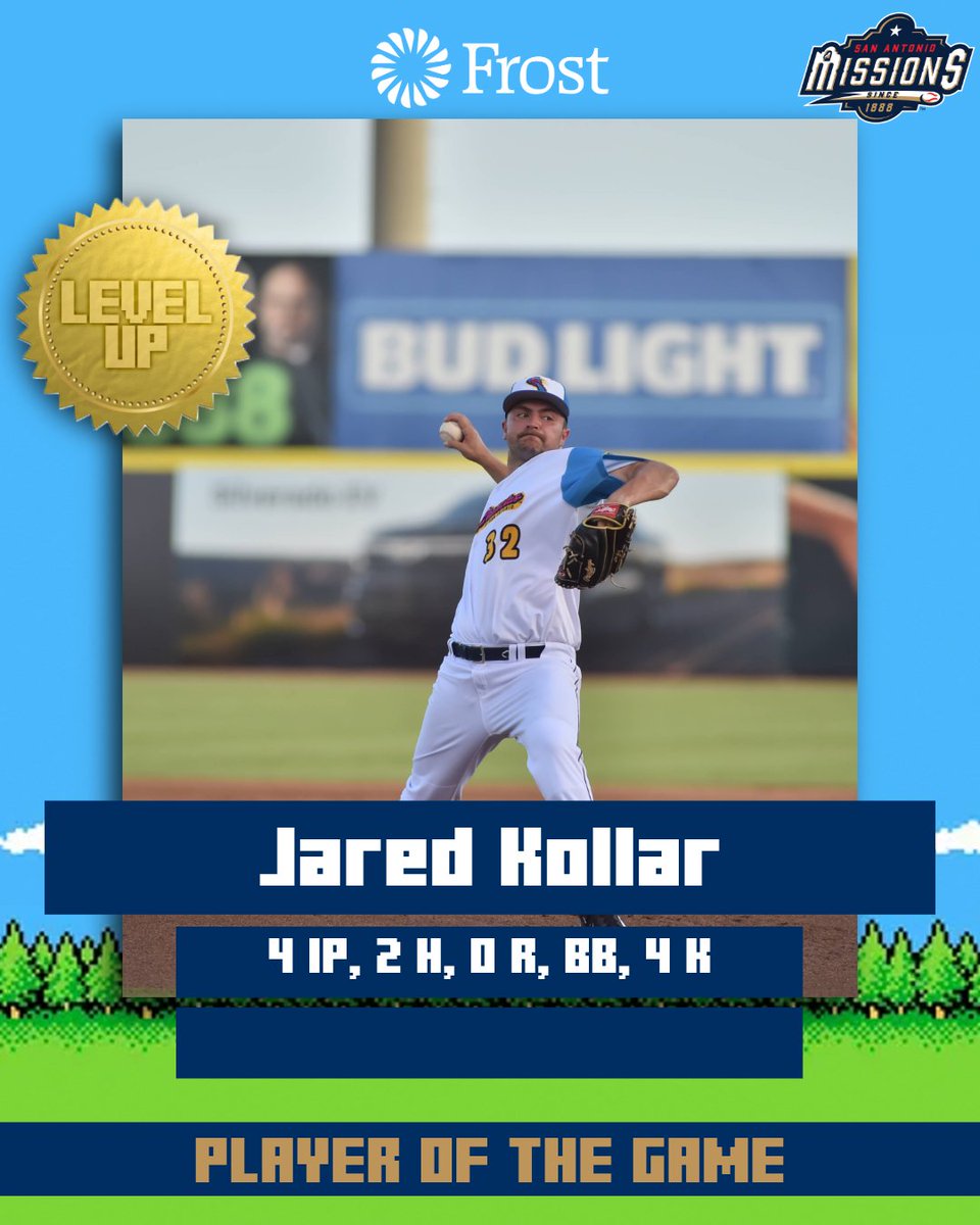 That was a gutsy performance for Jared Kollar! His four scoreless innings led the way for San Antonio in a 2-0 shutout of Midland, so he is the <a href="/FrostBank/">Frost Bank</a> Player of the Game!