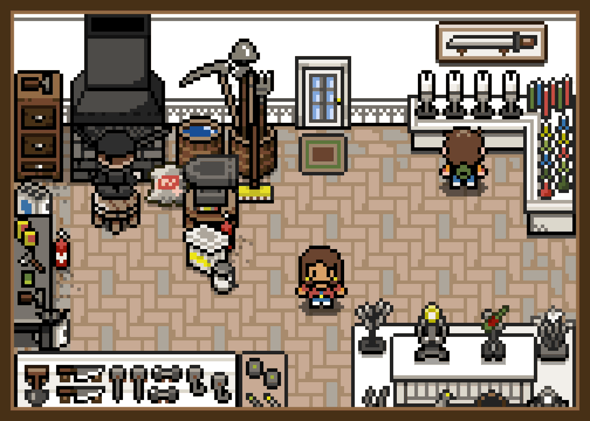 LoamBrownGames's tweet photo. I finished the upper half of the blacksmith shop! Now there's a blacksmithing section, and a candle section (which a weird amount of people wanted). Anyway, happy Saturday!

#pixelart  #gameboy #Indiegame https://t.co/qkicvCXdHZ