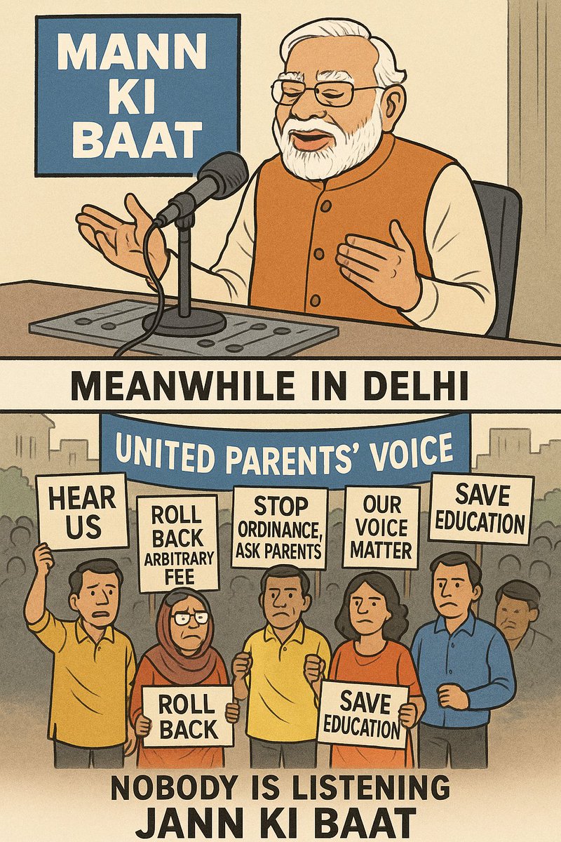 United Parents Voice (@unitedparentsvc) on Twitter photo MANN KI BAAT is being heard across the nation.
But in Delhi, no one is listening to JANN KI BAAT.
Parents are on the streets, unheard, unseen.
Placards in hand, Pain in heart.
<a href="/PMOIndia/">PMO India</a> <a href="/AmitShah/">Amit Shah</a> <a href="/RahulGandhi/">Rahul Gandhi</a> <a href="/BBCWorld/">BBC News (World)</a> <a href="/IndianExpress/">The Indian Express</a> <a href="/INCIndia/">Congress</a>
#StopFeeOrdinance #SaveEducation MANN KI BAAT is being heard across the nation.
But in Delhi, no one is listening to JANN KI BAAT.
Parents are on the streets, unheard, unseen.
Placards in hand, Pain in heart.
<a href="/PMOIndia/">PMO India</a> <a href="/AmitShah/">Amit Shah</a> <a href="/RahulGandhi/">Rahul Gandhi</a> <a href="/BBCWorld/">BBC News (World)</a> <a href="/IndianExpress/">The Indian Express</a> <a href="/INCIndia/">Congress</a>
#StopFeeOrdinance #SaveEducation