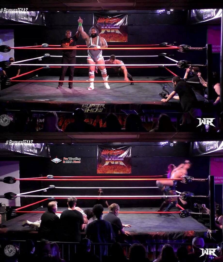 PWMMANews's tweet photo. Brick Savage defeats KJ Orso to advance to the finals against JD Griffey. After the match, KJ Orso attacks Savage until VertVixen makes the save. #RevolverTEXAS https://t.co/geDyxIfZCc