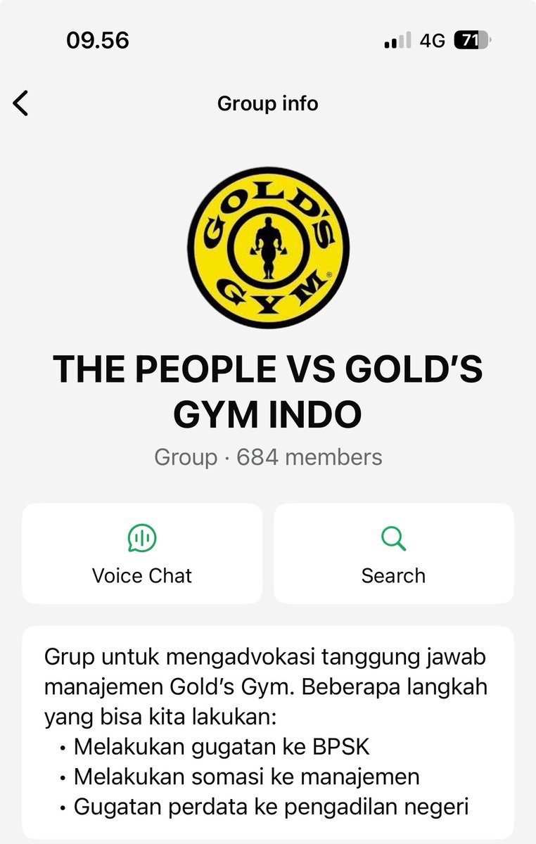 Buat kamu yang terdampak juga, yuk join grup konsolidasi “The people vs Golds Gym”

Kita akan coba untuk eskalasi bdan lakukan gugatan secara legal 

Bantu RT dan Like ya