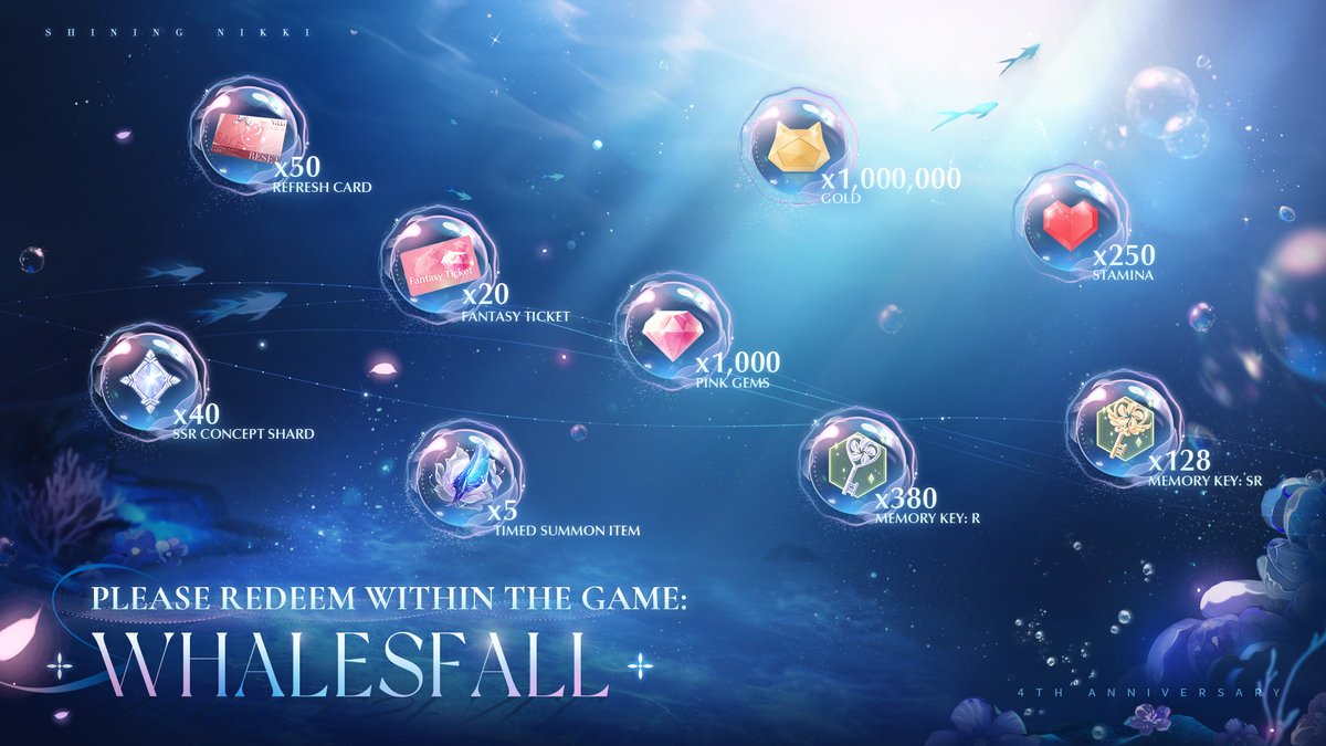 ShiningNikki_SN's tweet photo. ✨SHINING NIKKI 4 YEARS | Live Stream Exclusive Rewards✨
To celebrate 4 wonderful years with you, we’re sending out exclusive livestream gifts codes to all Stylists!

Please redeem within the game: 
💎CHERISHEDMEMORIES
💎WHALESFALL
💎FLOWERSBLOOM

Thank you for being part of this journey—here’s to many more stylish years together! 

Check the VOD on YouTube to catch up!
Live Stream Link: https://t.co/NlRXHc02sf

>>>Download Game: https://t.co/cdllzGS8rJ

#ShiningNikki4Years #ARendezvousWithInfinity #LiveStream
