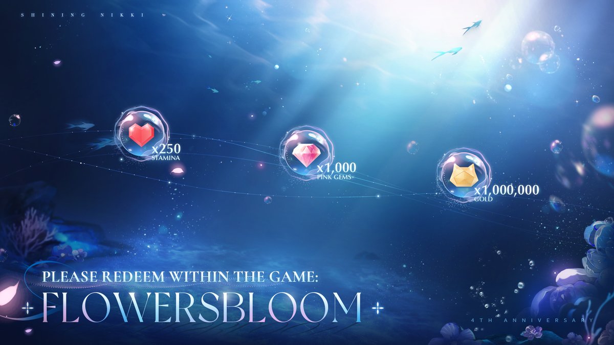✨SHINING NIKKI 4 YEARS | Live Stream Exclusive Rewards✨
To celebrate 4 wonderful years with you, we’re sending out exclusive livestream gifts codes to all Stylists!

Please redeem within the game: 
💎CHERISHEDMEMORIES
💎WHALESFALL
💎FLOWERSBLOOM

Thank you for being part of