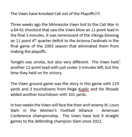 Dan WHENESOTA (@whenesota) on Twitter photo Ive been told that <a href="/StarTribune/">The Minnesota Star Tribune</a> wont print scores after 8:30 on a Saturday.
Here's my brief story on the <a href="/MN_Vixen/">Minnesota Vixen Football ππ¦</a> game tonight for whatever outlet wants to use it.
CC <a href="/PioneerPress/">Pioneer Press</a> <a href="/StribSports/">Star Tribune Sports</a> <a href="/Ryan_Kostecka/">Ryan Kostecka</a>
<a href="/PWHL_Minnesota/">x - Minnesota Frost</a> <a href="/MNAuroraFC/">Minnesota Aurora FC</a> <a href="/minnesotalynx/">Minnesota Lynx</a>
#SupportWomensSports Ive been told that <a href="/StarTribune/">The Minnesota Star Tribune</a> wont print scores after 8:30 on a Saturday.
Here's my brief story on the <a href="/MN_Vixen/">Minnesota Vixen Football ππ¦</a> game tonight for whatever outlet wants to use it.
CC <a href="/PioneerPress/">Pioneer Press</a> <a href="/StribSports/">Star Tribune Sports</a> <a href="/Ryan_Kostecka/">Ryan Kostecka</a>
<a href="/PWHL_Minnesota/">x - Minnesota Frost</a> <a href="/MNAuroraFC/">Minnesota Aurora FC</a> <a href="/minnesotalynx/">Minnesota Lynx</a>
#SupportWomensSports